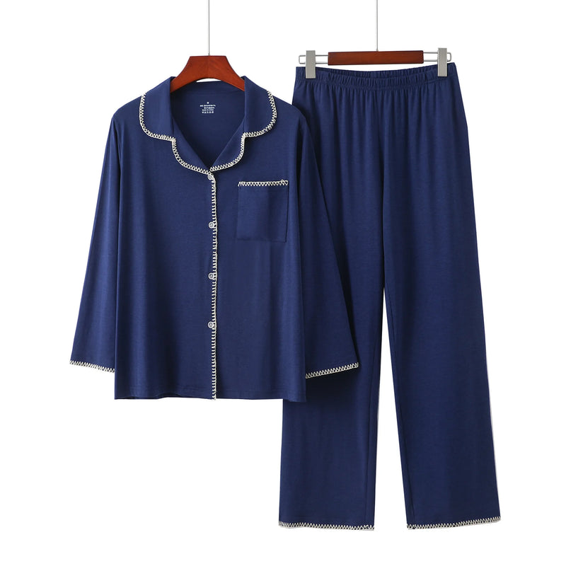 New Embroidery Modal Long Sleeved Spring Autumn Pajamas For Women Sleepwear Trousers Sets High Quality Women's Home Clothes