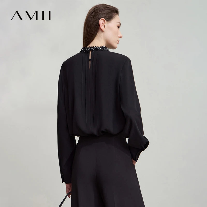 អាវស្រី AMII ពណ៌ស រចនាប័ទ្មតិចតួចបំផុត រដូវស្លឹកឈើជ្រុះ ឆ្នាំ២០២៥ អាវស្រីបែបបារាំង កអាវរលុង ឆើតឆាយ អាវក្រណាត់ chiffon សម្រាប់នារីការិយាល័យ 12523053