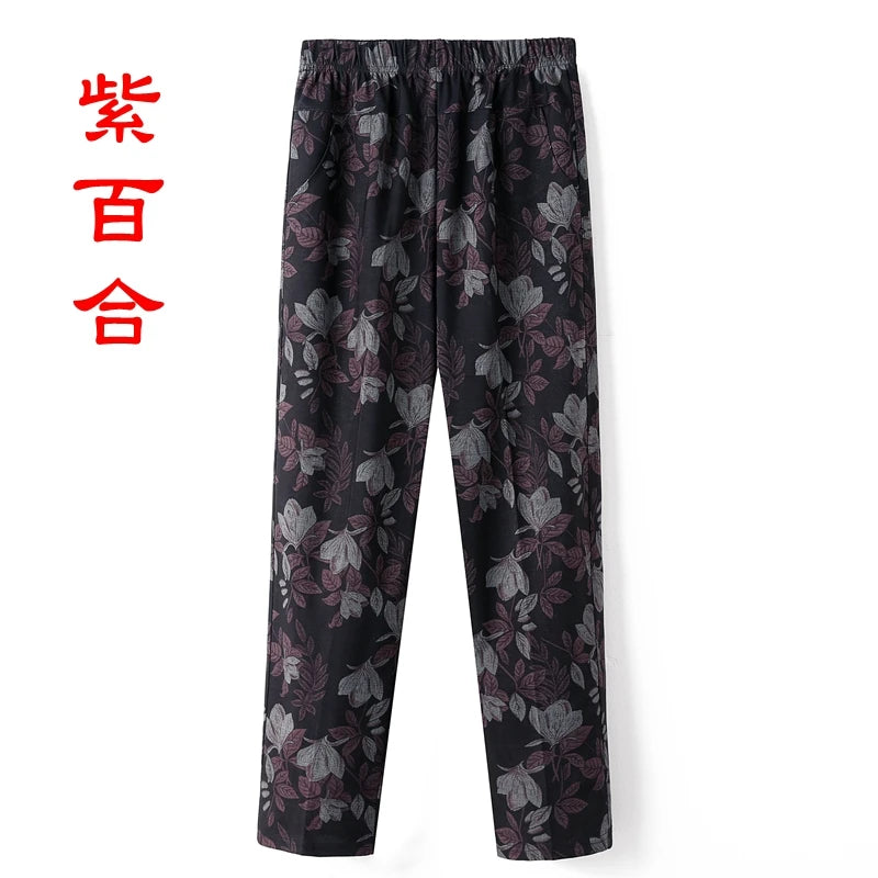 ខោស្ត្រីវ័យកណ្តាលទំហំ ៨XL ៩XL បោះពុម្ពថ្មី ចង្កេះខ្ពស់ ខោធម្មតា ខោនិទាឃរដូវ និងរដូវស្លឹកឈើជ្រុះ ខោត្រង់ ទំហំធំ យាយប៉ា