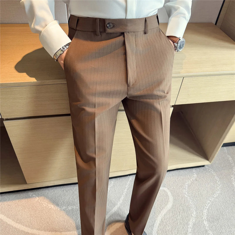 2026 Men's Slim Fit Striped Dress Pants Brown Formal Business Suit Trousers for Office And Wedding Wear High-Quality