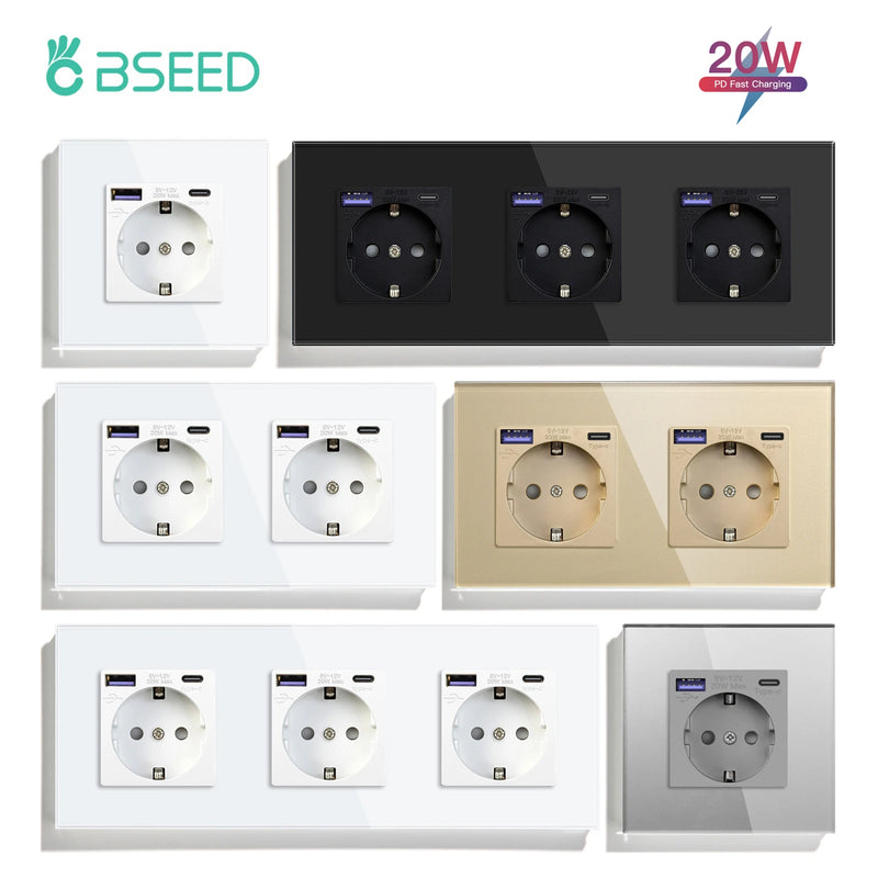 BSEED EU Standard Wall Power Sockets Type-C Interface Outlet USB Fast Charge Port 20W Glass Panel Kids Protection 16A