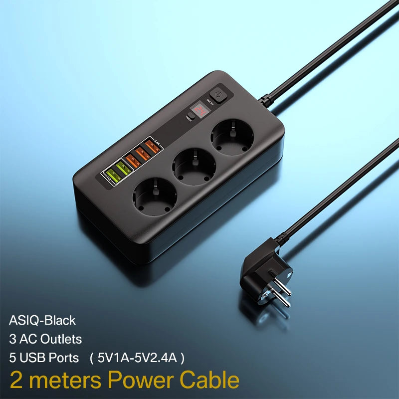 រន្ធដោតភ្លើងឆ្លាតវៃ 2500W រន្ធដោតបន្ថែមជាមួយកុងតាក់ ឧបករណ៍ការពារការកើនឡើងនៃចរន្តអគ្គិសនី ឌុយ EU រន្ធដោត AC 3 រន្ធ USB 5 ប្រវែង 2 ម៉ែត្រ
