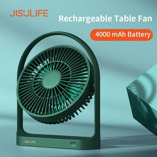 JISULIFE Table Fan Mini USB Strong Wind Rechargeable Desk Fans Wireless 4000mAH with 4 gear Wind Speed 330° Degree Rotata