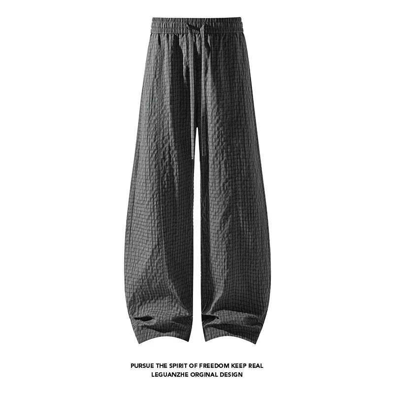 Men Relax Tapered Grid Pants Elastic Drawstring Waist Wrinkled Fabric Loose Baggy Cut Daily Casual Bottoms