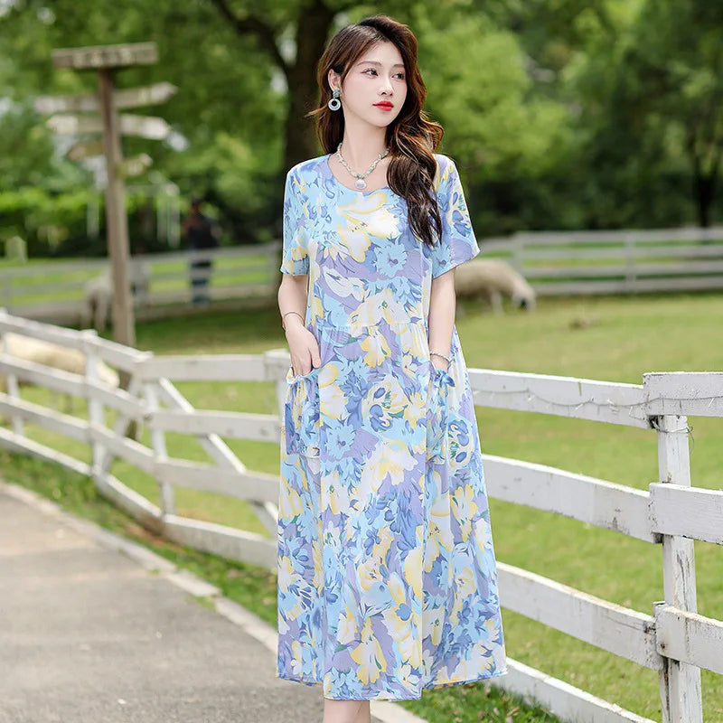 អាវគេងរលុងសម្រាប់នារី XL-5XL រ៉ូបគេងកប្បាសបោះពុម្ពថ្មី អាវគេងនារីដៃខ្លីបែបវីនថេច