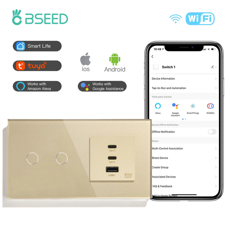 BSEED Wifi Light Switches Smart Wall Touch Switch 1/2/3/4Gang 2Way With 65W Fast Charge Socket Support Tuya Smart Life Control