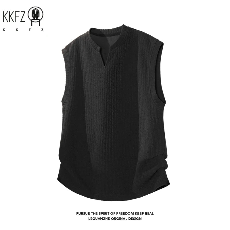 Mens Vertical Ribbed Knit Sleeveless Vest Notched Collar Oversized Cutting Suitable For Vacation Dating And Casual Scenes