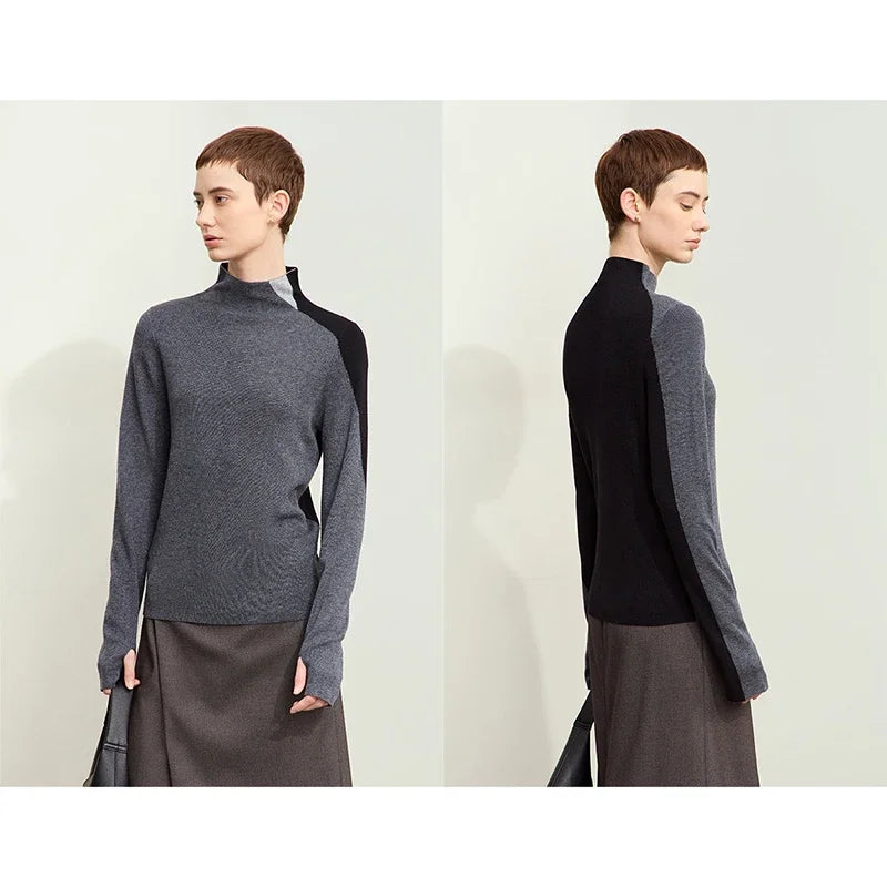Amii Minimalism Women's Sweater 2026 Autumn New Basic Mock Neck Sweater for Woman Patchwork Slim Long Sleeve Tops Ladies12443133