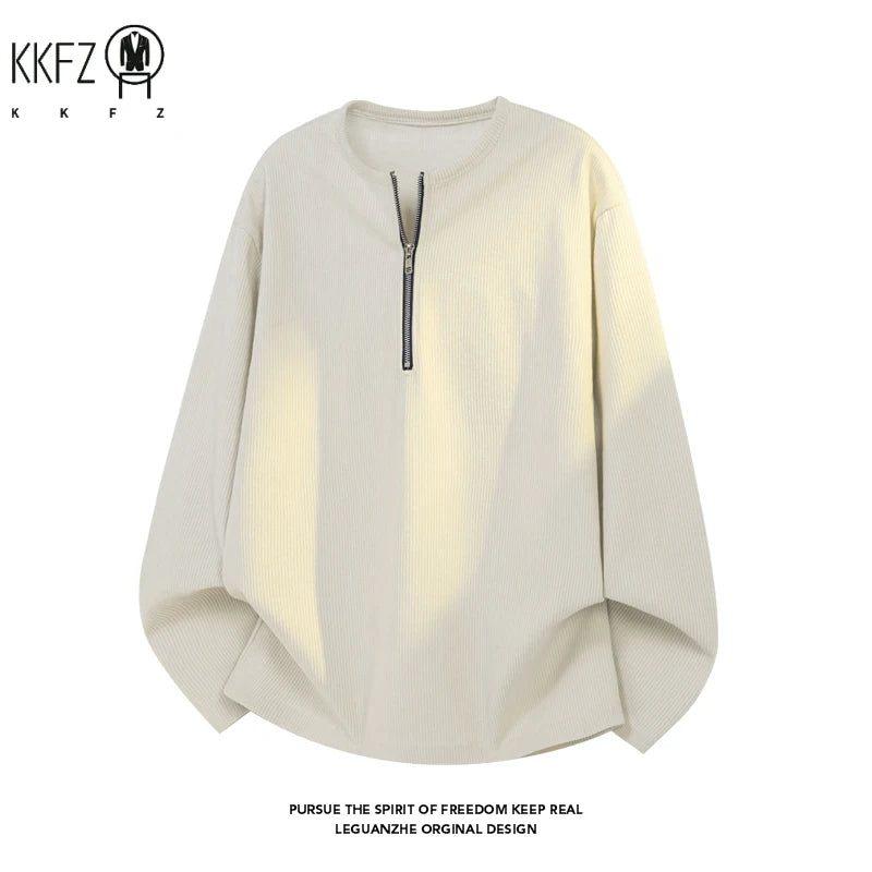 Male Loose Fit Ribbed Corduroy Long Sleeve Shirt Half Zipper Crew Neck Airy Fabric For Office Commute Leisure Occasions