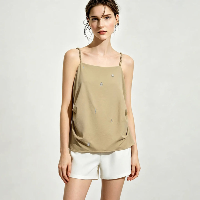 Amii Women's Camisole 2026 Summer New Metal Detail Linen Blend Spaghetti Strap Loose Casual Sleeveless Tank Top Women 12642102