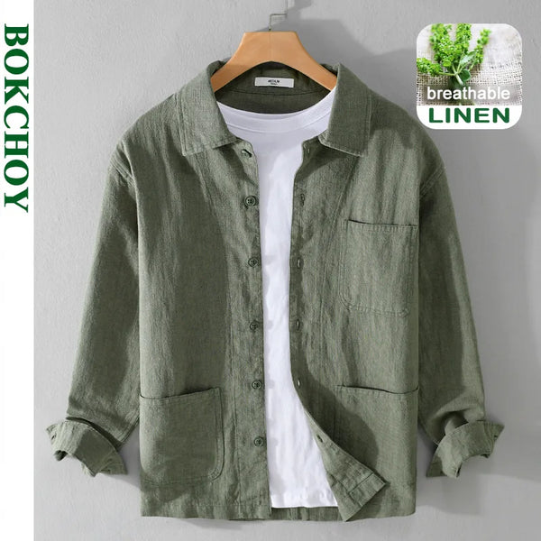 Spring Autumn New Breathable Ramie Cotton Long Sleeve Shirts for Men Clothing Solid Color Casual Soft Streetwear FY9796