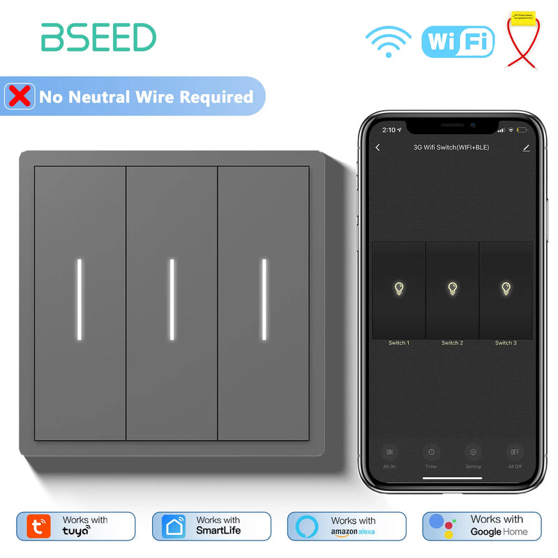 BSEED WIFI Button Light Switch 1/2/3/4Gang Smart Switch Plastic Frame Tuya Smart Life Alexa Voice Control Without Neutral Line