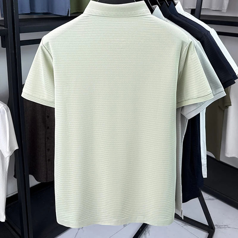 Men Summer Short Sleeve Striped Polo Shirt Slim Fit Elastic Solid Color Business Casual T-Shirt