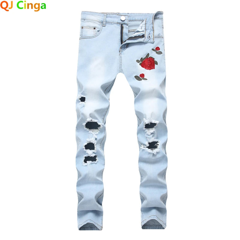 Men's Red Rose Embroidered Jeans, Black Blue Stretch Pants for Men White Fashion Pantalon Hole Decoration Male Slacks 28-42