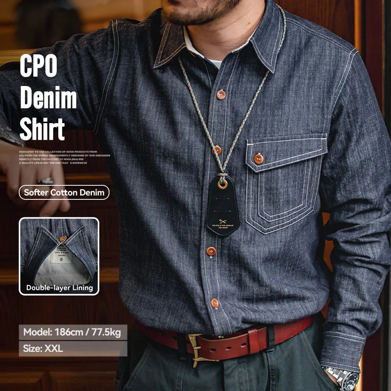 Maden Retro Thin Long-sleeved Denim Shirts Single-breasted Lapel Collar Stitch Design Cotton Men's Spring and Autumn Blouses