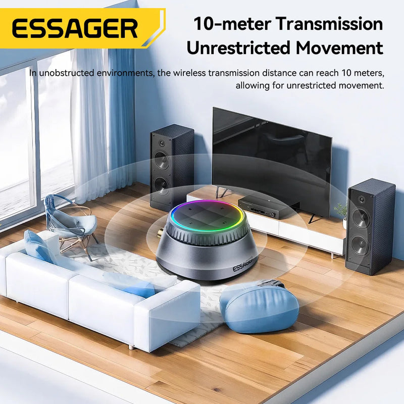 ឧបករណ៍ទទួលសំឡេង Essager Bluetooth 6.0 3.5mm RCA Music Wireless Adapter ជាមួយភ្លើង RGB សម្រាប់ទូរស័ព្ទ NFC Android សម្រាប់ឧបករណ៍បំពងសម្លេងរថយន្ត