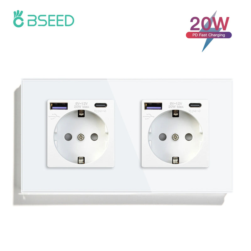 BSEED EU Standard Wall Power Sockets Type-C Interface Outlet USB Fast Charge Port 20W Glass Panel Kids Protection 16A