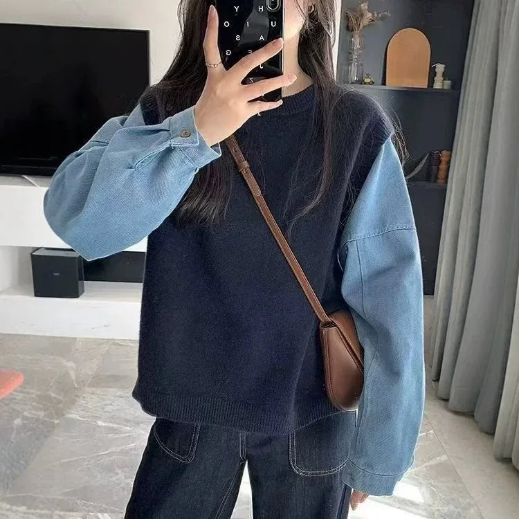 Autumn Winter New Lazy Sweater Knitted Denim Sleeve Splicing Fake Two-piece Women's Top Trendy Pullover Knitwear Clothes