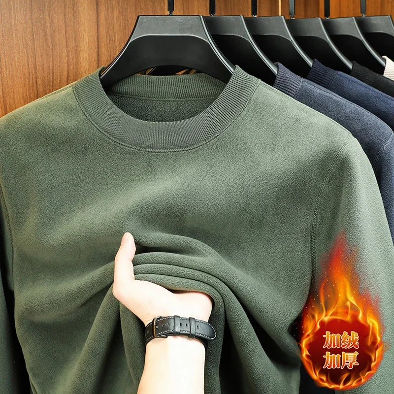 Men's Velvet Hoodie, Long Sleeve Round Neck Monochromatic Casual Versatile Top Autumn Winter Fashion