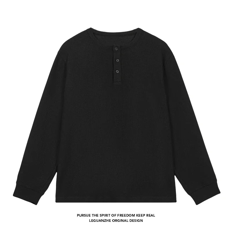 Breathable Waffle Henley Pullover Men Long Sleeve Round Neck Three Button Placket Versatile Everyday Streetwear Garment