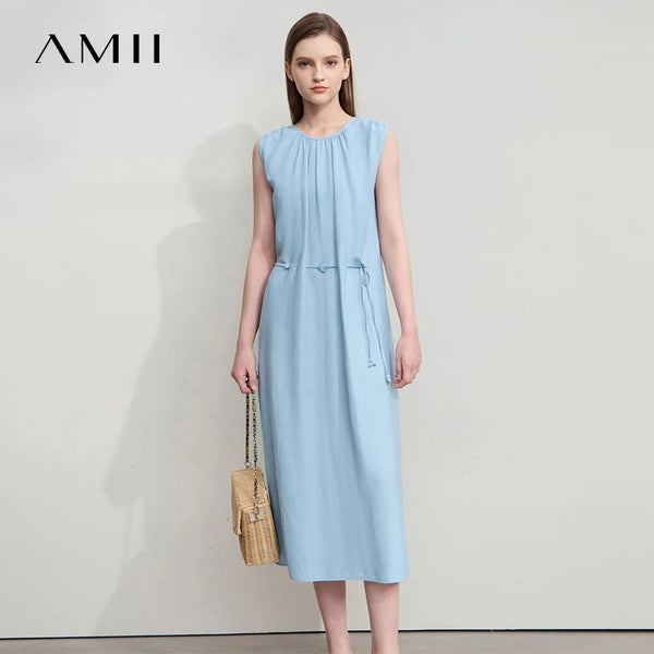 AMII រ៉ូបម៉ូដនារីបែប Minimalism កមូល ដៃអាវគ្មានដៃ រ៉ូបខ្សែអង្កាំ រ៉ូបសម្រាប់នារី រ៉ូបរលុងប្រចាំថ្ងៃ 12542132