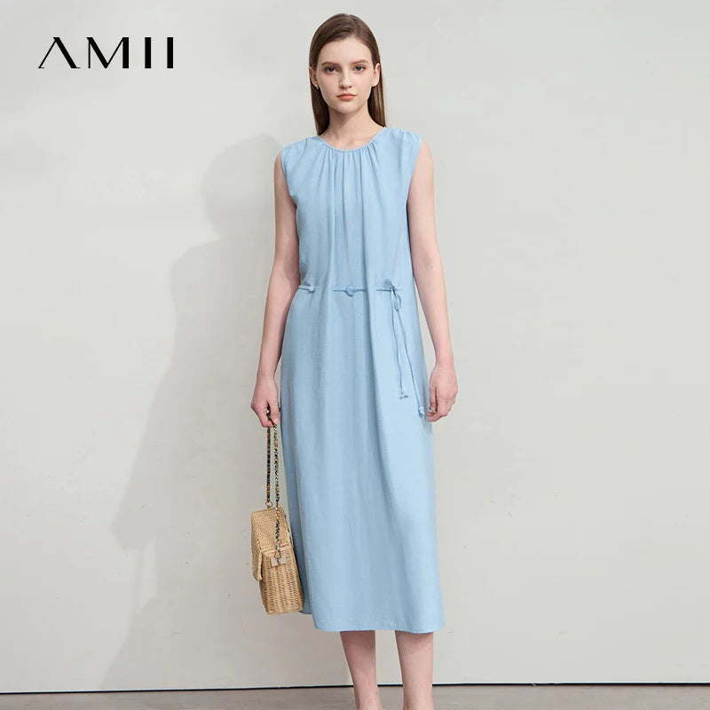 AMII រ៉ូបម៉ូដនារីបែប Minimalism កមូល ដៃអាវគ្មានដៃ រ៉ូបខ្សែអង្កាំ រ៉ូបសម្រាប់នារី រ៉ូបរលុងប្រចាំថ្ងៃ 12542132