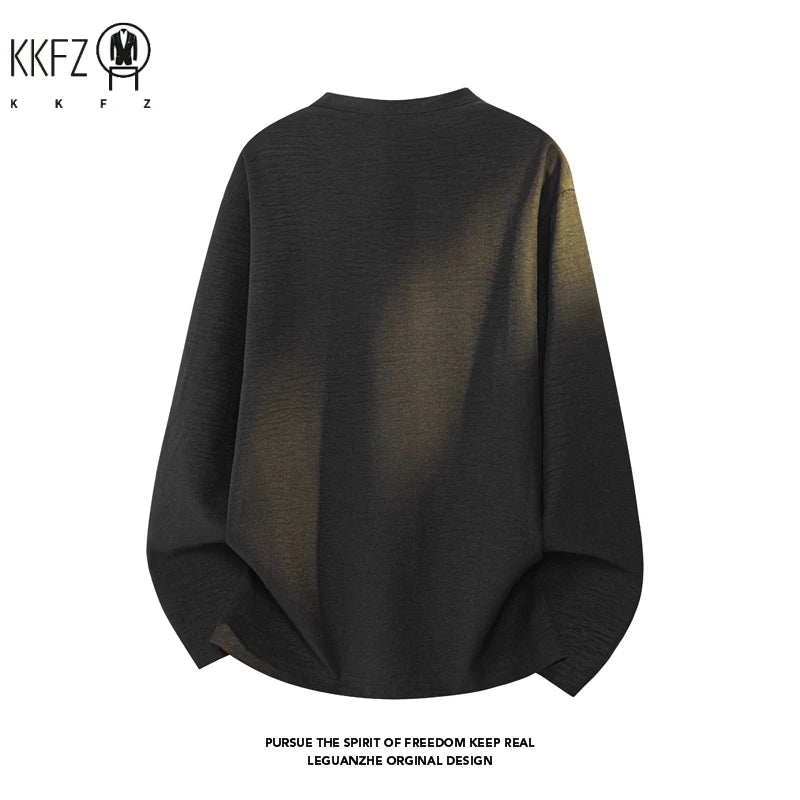 Mens Autumn Henley Collar Pullover Textured Fabric Half Button Placket Loose Long Sleeve Leisure Clothing