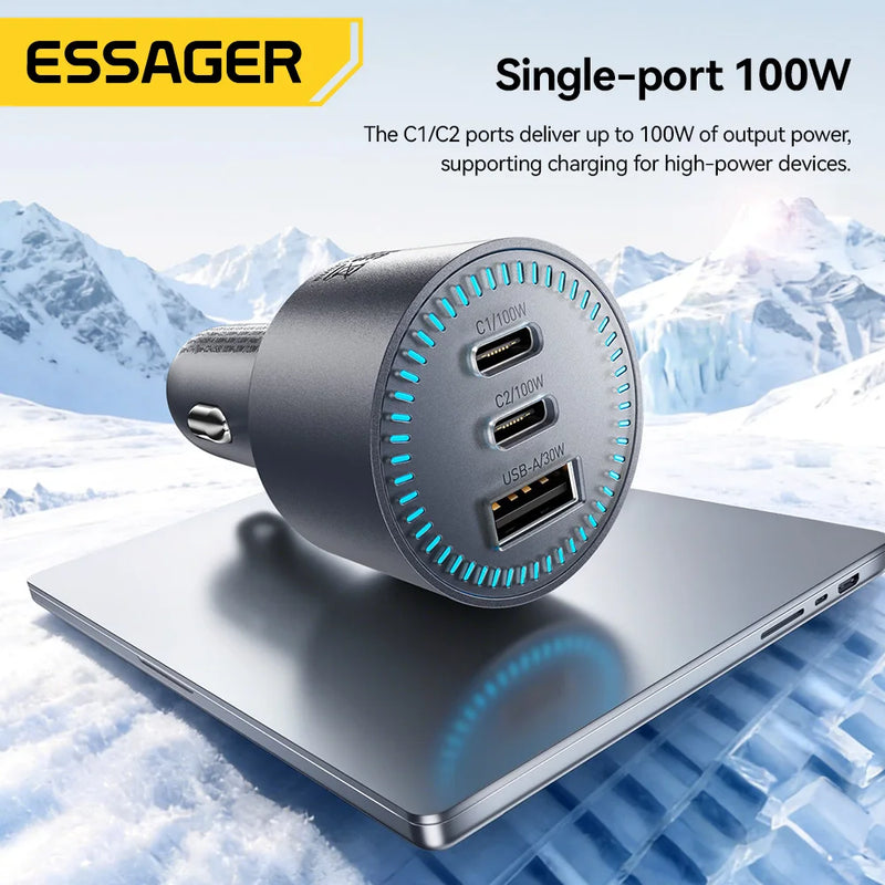 ឆ្នាំងសាករថយន្ត Essager 200W Quick Charge 4.0 PPS PD 100W សាកលឿន USB C ឆ្នាំងសាកទូរស័ព្ទក្នុងរថយន្តសម្រាប់ Macbook iPhone 17 16 Samsung S25
