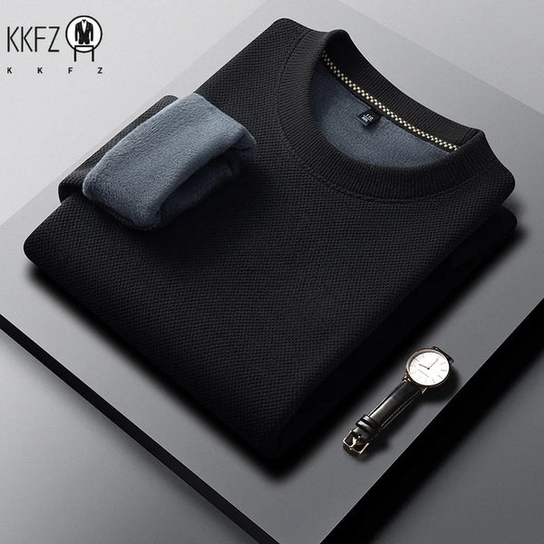 Mens Winter Long Sleeve Knit Top Waffle Texture Fleece Lined Round Collar Comfortable Business Leisure Shirt