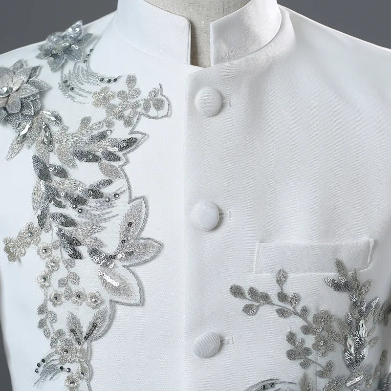 Men's White Standing Lapel Suit Two-Piece, Chinese Style Long Sleeve Jacket with Trousers, Blue Red Black Optional, Asian Size