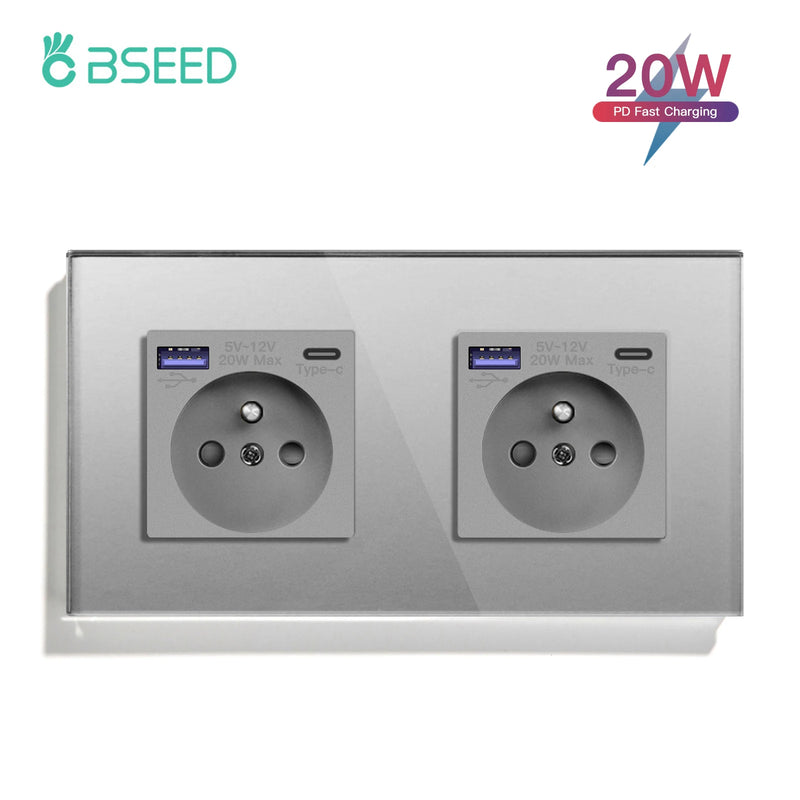 BSEED French Standard 20W Fast Charge Port Wall Power Socket Double France USB Type-C Electrical Outlets Crystal Glass Frame 16A