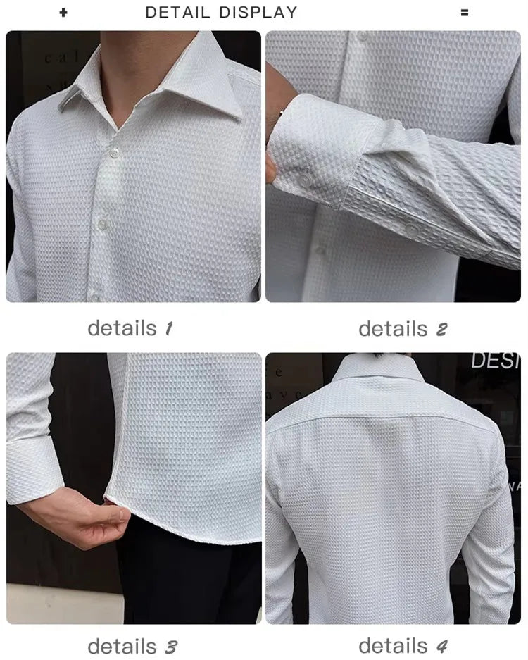 Autumn White Fleece Long Dress Shirt Men's, Fashion Slim Men Shirts,QJ CINGA Brand New Male Top Lace Stitching Decoration Camisa