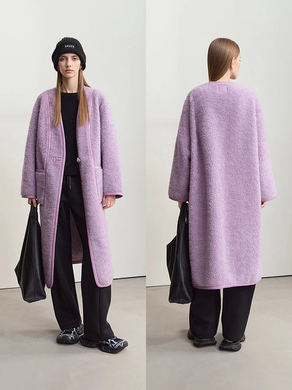 AMII Long Fur Coat 2026 Winter New V-neck All-wool Thick Warm Outerwears Leather Buckle Pocket Casual Loose Women's Top 12444137