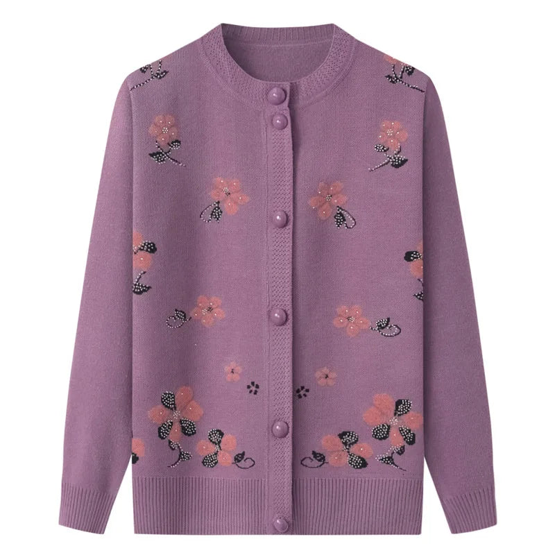 New Middle-Aged Women's Autumn Sweaters Cardigan Coat Female O-Neck Embroidered Knitting Sweater Mother Long Sleeve Tops