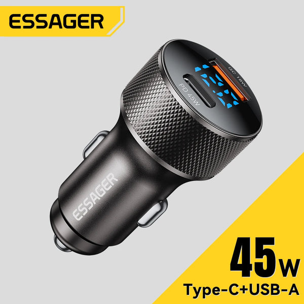 Essager USB C Car Charger 45W 2 Ports PD3.0 QC3.0 Digital Display Car Phone Charger For iPhone 16 15 Xiaomi Huawei Samsung OPPO