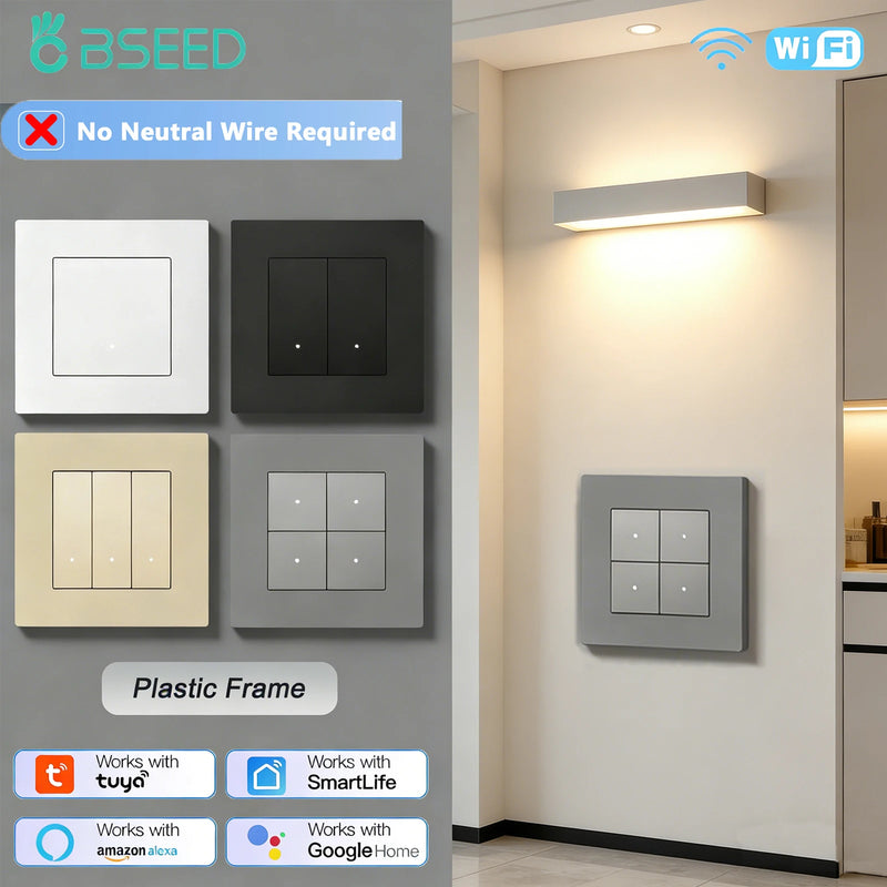 BSEED E Series WIFI Light Switch 1/2/3/4Gang Smart Click Button Switch Plastic Frame LED Indicator Tuya Smart Life No Neutral