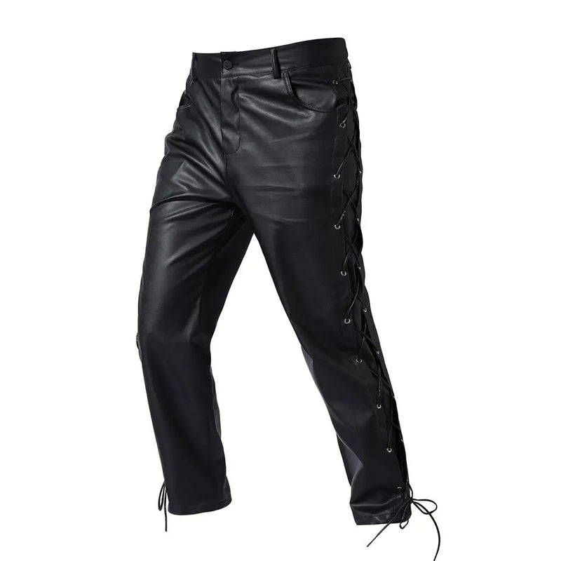 2026 New Men's Black PU Pants, Biker Faux Leather Trousers Red Fashion Casual Pant Lace-up Trim on Left and Right Sides S-5XL