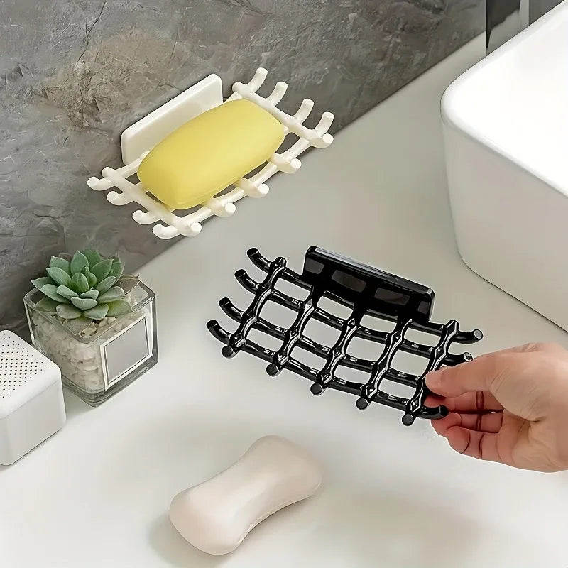 1pc Wall-Mounted Shower Soap Dish with Drainage, Black,White Square Holder.No Drilling Required,Hook for Soap and Accessories.