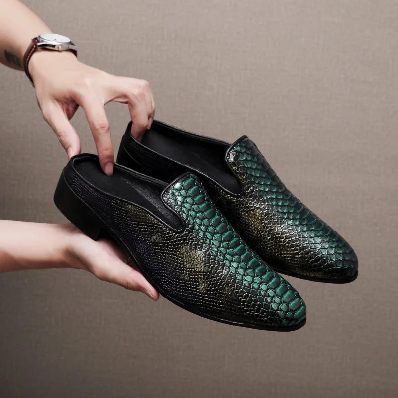 Big Size Mens Backless Mules Pointed Toe Slip on Loafers Men Low Heel Python Pattern Half Slippers Party Dress Shoes