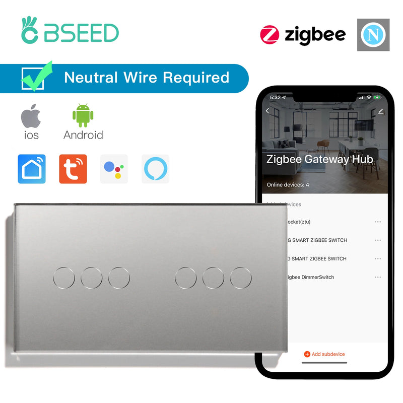 BSEED Zigbee Smart Switch Double 1/2/3Gang 1/2/3Way Wireless Light Switch Support Tuya Google Home App Alexa Voice Control