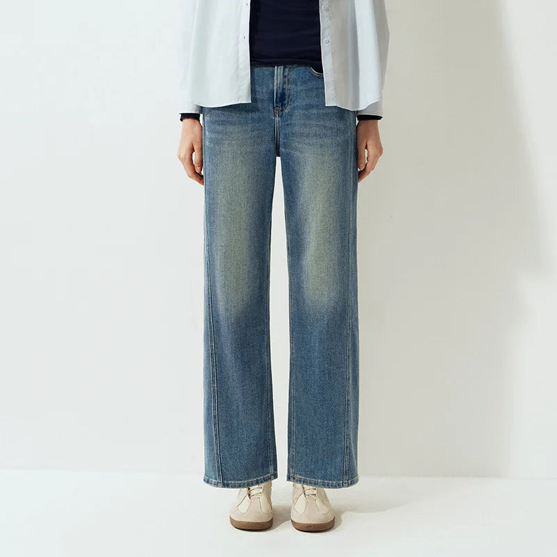 Semir Women Jeans Slim Fit Wide Leg Solid Color Open Hem 2026 Winter Everyday Style Full Length Comfort Fit Denim Fabric