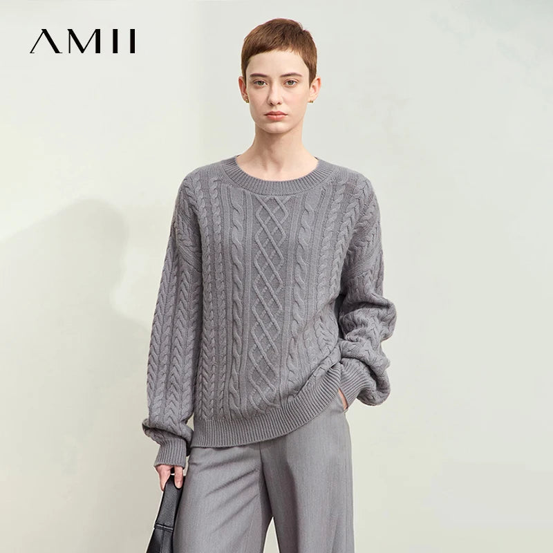 អាវយឺត Amii Minimalism Solid Women Solid 2025 ថ្មីរដូវស្លឹកឈើជ្រុះ គុណភាពរោមចៀម O-neck ដៃវែង អាវប៉ាក់បែប Vintage ទន់ 12443119