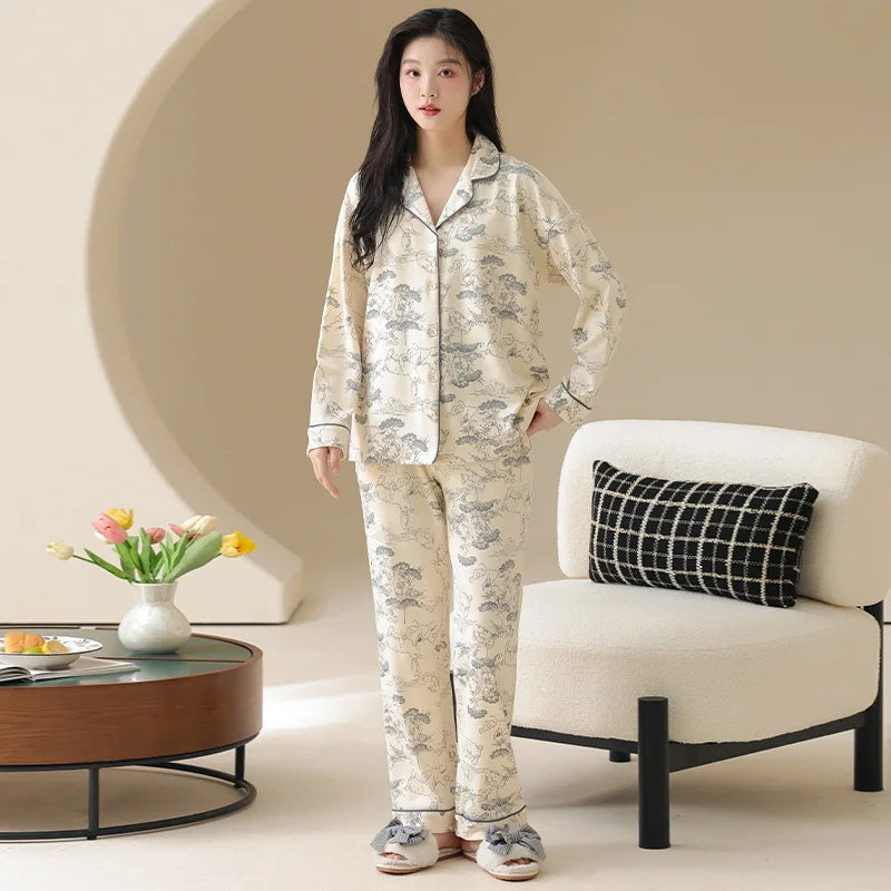 Fashion Printed Women's Pajamas 100% Cotton Long Sleeve Tops Pant Suit Lounge Spring Autumn Home Clothes Big Size Sleepwear