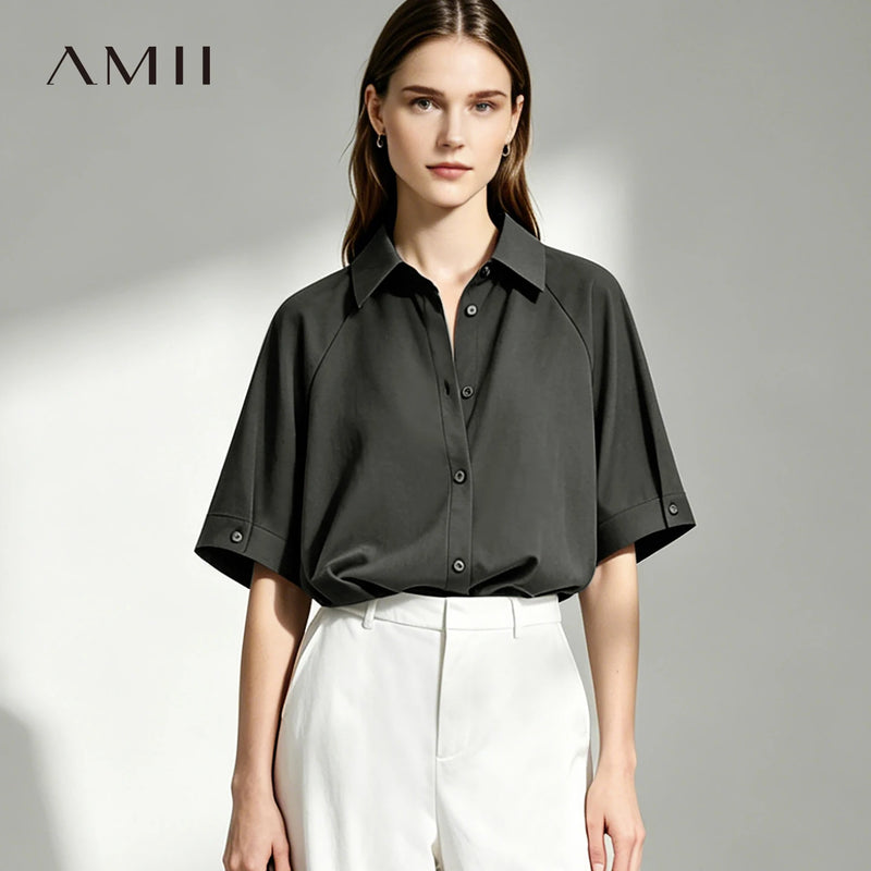 Amii Women's Shirt 2026 Summer New Lapel Collar Raglan Sleeve Blouse Simple Loose Fit Casual Versatile Women's Shirts 12642214