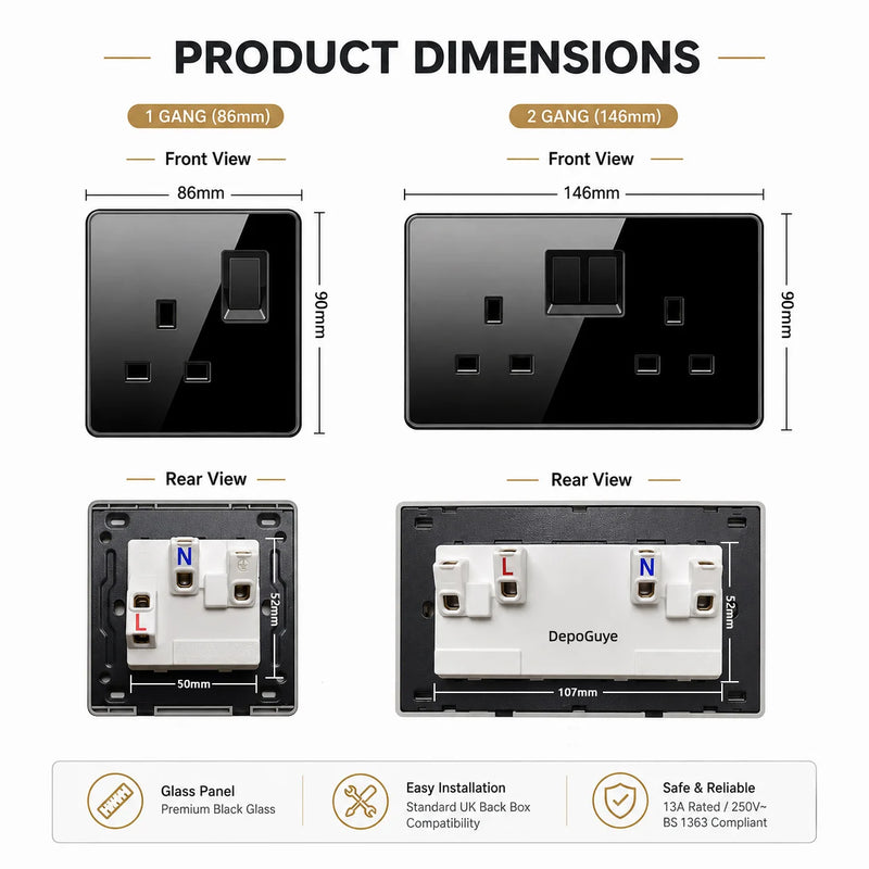 Luxury All Tempered Glass Wall Light Switch Button Black UK Plug 13A Universal Wall Socket with Usb ,220V1gang2way Speed Switch