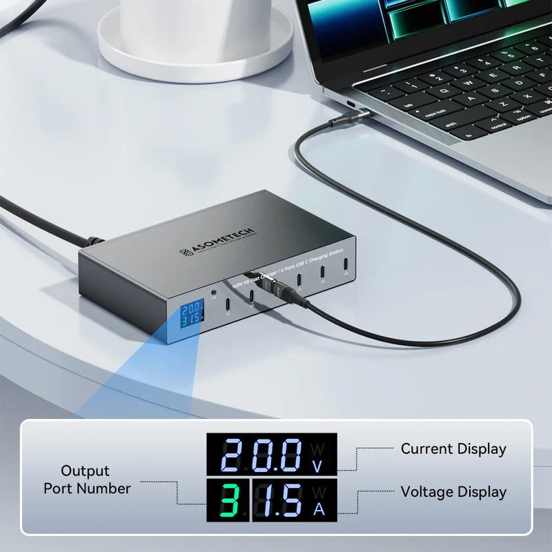 ស្ថានីយសាកថ្មលឿន 140W 6 រន្ធ PD ស្ថានីយសាកថ្មលឿន 30W Multi USB-C ជាមួយអេក្រង់ LED សម្រាប់ iPhone 14 13 Pro Max Samsung Xiaomi iPad