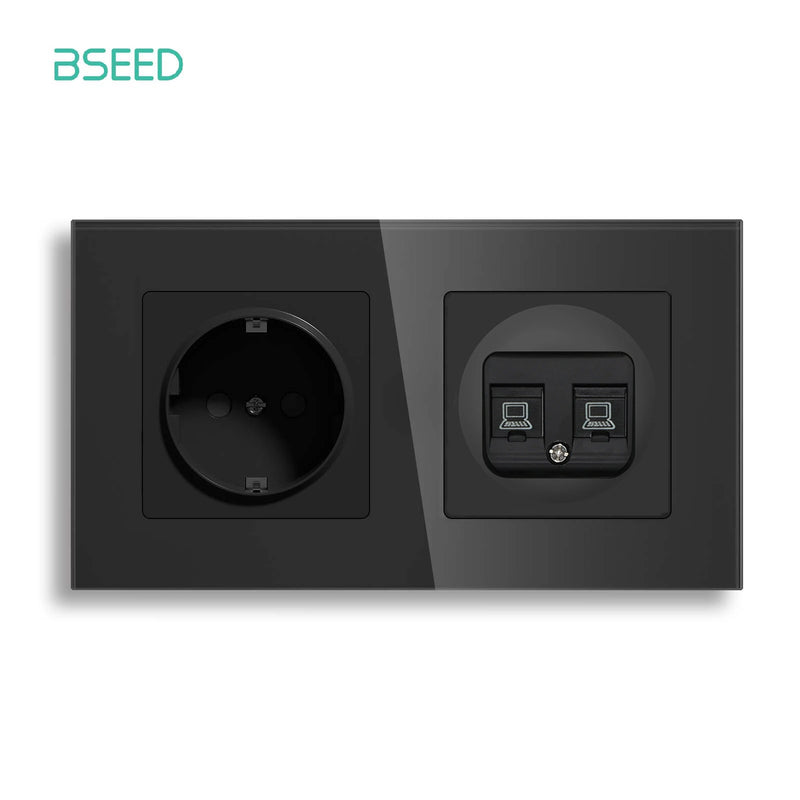 BSEED EU Standrad Wall Power Socket RJ45 Internet Socket Telephone Port Cat6 Socket Glass Panel TV Satellite Electrical Outlets