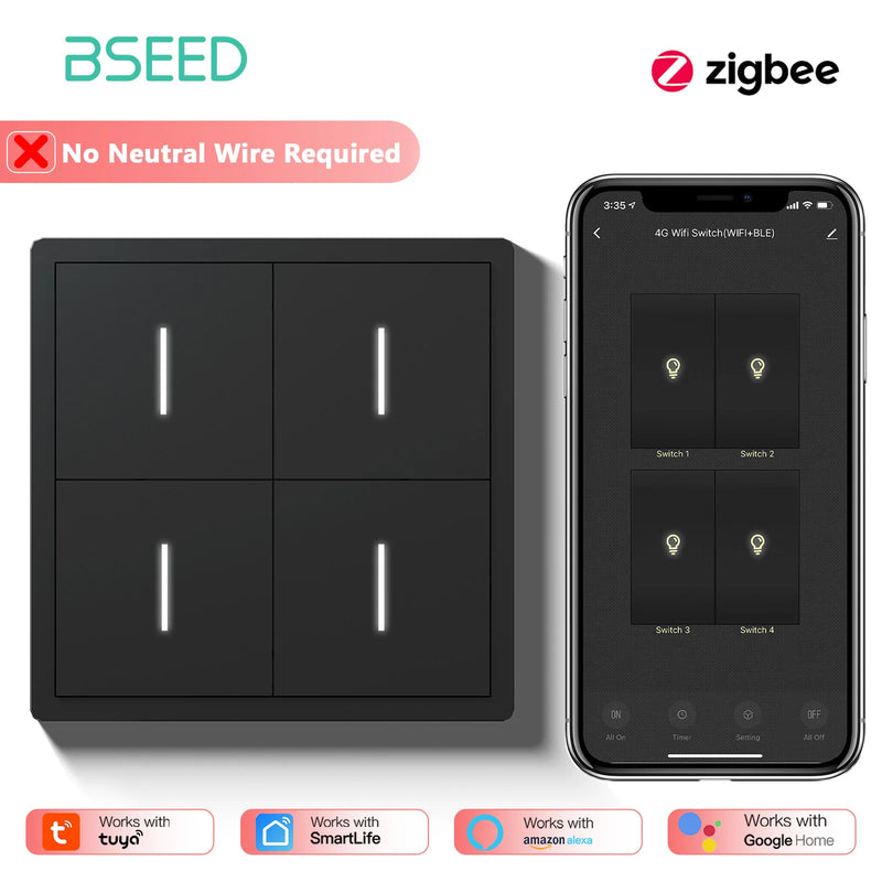 BSEED Zigbee Button Light Switch 1/2/3/4Gang Smart Wall Switch Tuya Smart Life Alexa Voice Control Plastic Frame No Neutral Line