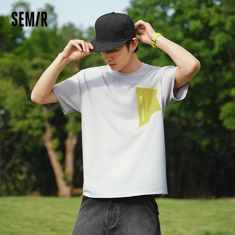 Semir Men Tshirt Color Block Pocket Knit Slightly Loose Quick Dry Crew Neck Top 2026 Summer Casual Fashion Wear