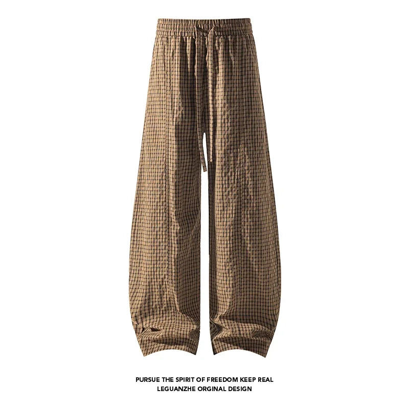 Men Relax Tapered Grid Pants Elastic Drawstring Waist Wrinkled Fabric Loose Baggy Cut Daily Casual Bottoms